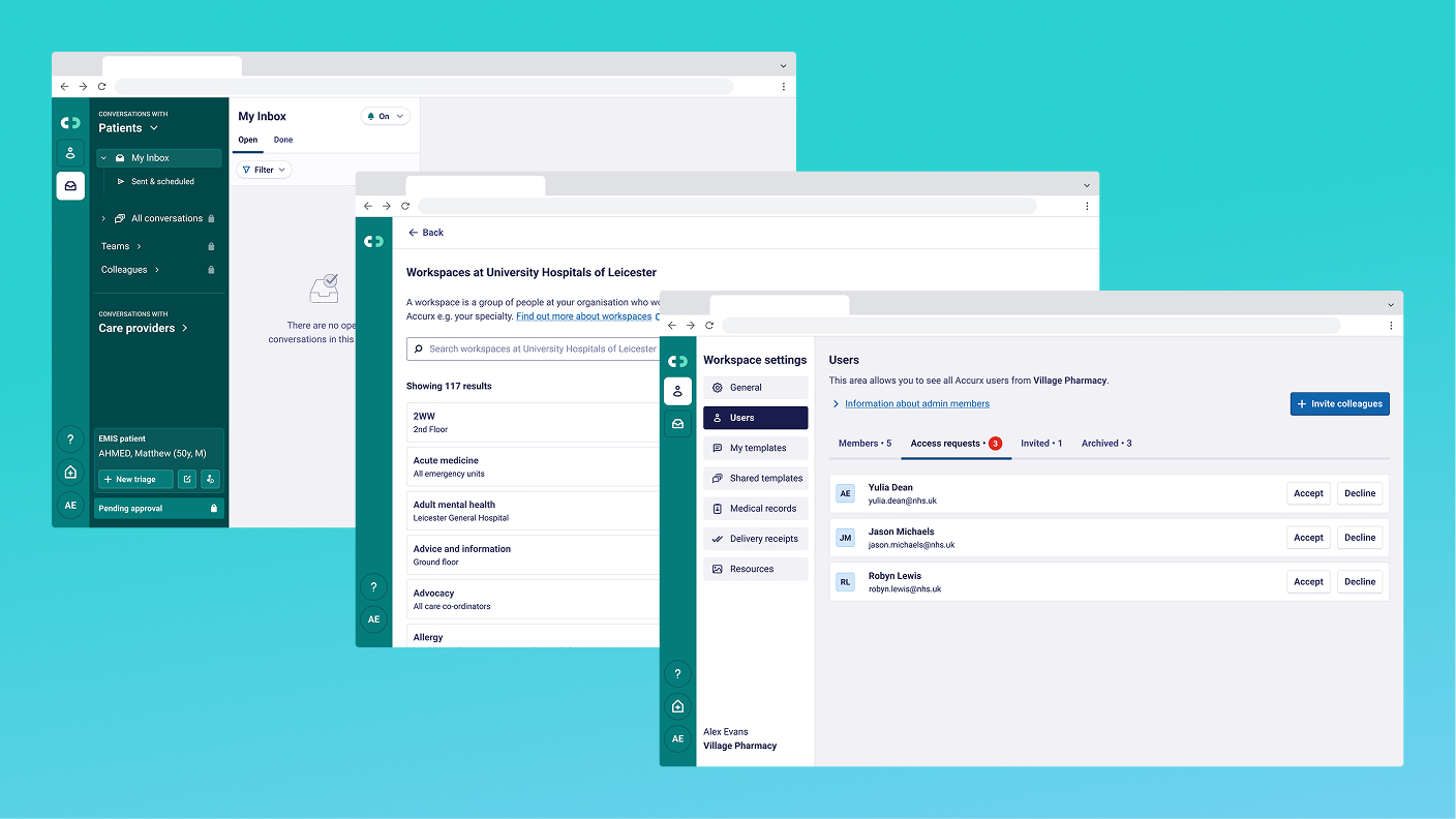 Screenshots of three different workspace screens in Accurx. They are shown in desktop browser windows.