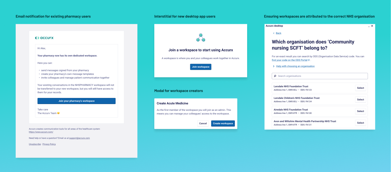 Screenshots of designs that introduce workspace functionality. An example of an email and different modal components.