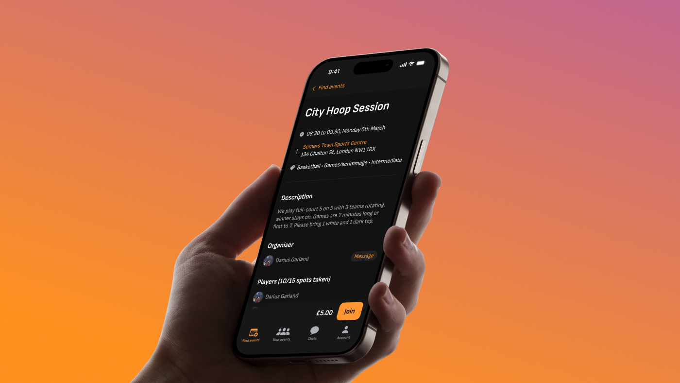 A hand holding a mobile device showing a screen from the GameOn Active app.
