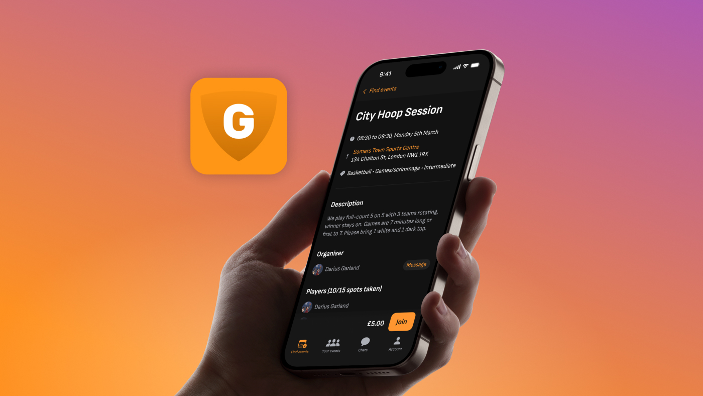 A hand holding a mobile device showing a screen from the GameOn Active app.