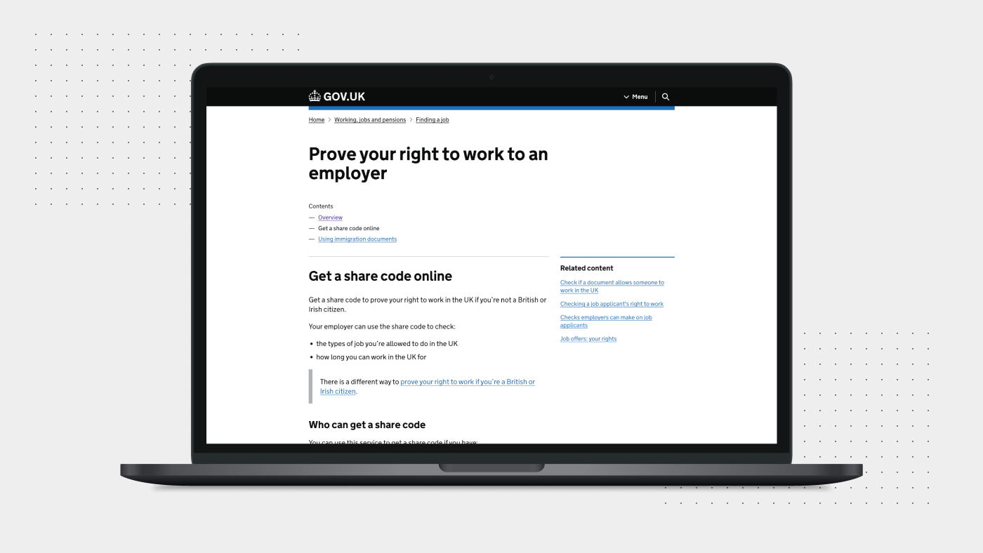 A laptop screen showing a page about right to work on GOV.UK